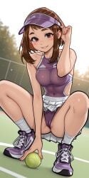 boku_no_hero_academia my_hero_academia ochako_uraraka brown_hair short_hair sidelocks brown_eyes blush_stickers 1girls solo female sexy perfect_body medium_breasts full_body looking_at_viewer smile teeth adjusting_hair outdoors tennis_court tennis_uniform tennis_ball leotard highleg side_cutout pleated_skirt skirt_up cameltoe squatting socks sneakers visor_cap holding_object collarbone covered_navel ai_generated molamaxuy