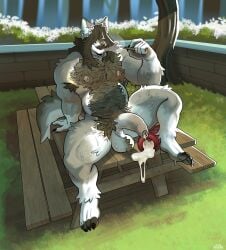 absurd_res anthro armpit_hair ball_tuft balls big_balls big_penis bluesh bodily_fluids body_hair calhoun_(subowofer) canid canine canis chest_hair cum cum_in_sex_toy facial_hair foreskin fur furniture genital_fluids genitals grey_body grey_fur hair hair_over_eyes hairy hi_res humanoid humanoid_genitalia humanoid_penis joint leaking_cum long_hair male mammal manly mature_male musclegut muscular muscular_anthro muscular_male mustache nipples penetrable_sex_toy penis picnic_table sex_toy smoking solo table tuft wolf