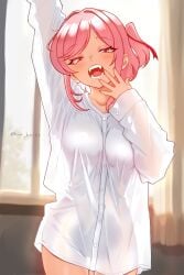 natsuki_(doki_doki_literature_club) doki_doki_literature_club kun_kaiss 1girls tits breasts shadow thighs thigh_gap petite petite_body petite_female petite_breasts yawn yawning pinup