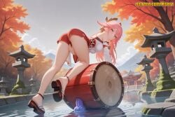 1girl ai_generated animal_ears anklet architecture ass bare_shoulders barrel bent_over breasts closed_mouth day detached_sleeves dildo earrings east_asian_architecture feet female_masturbation floppy_ears fox_ears from_behind full_body genshin_impact grin hair_between_eyes hair_ornament instrument japanese_clothes jewelry large_breasts legs long_hair long_sleeves looking_at_viewer looking_back masturbation nivora nontraditional_miko okobo outdoors pink_hair pond purple_eyes red_shorts ripples sandals scenery sex_toy shirt short_shorts shorts sky sleeveless smile solo statue thighs toes tree water wide_sleeves yae_miko yae_miko_(genshin_impact)