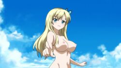 1girls animated aqua_eyes blonde_hair boku_wa_tomodachi_ga_sukunai bouncing_breasts breasts butterfly_hair_ornament female female_only haganai hair_ornament human large_breasts looking_at_viewer lowres nipples pointing sena_kashiwazaki solo topless