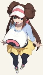 flowerpigeon73 hi_res 2026 simple_background very_high_resolution nintendo pokemon pokemon_bw2 rosa_(pokemon) 1girls female female_only solo brown_hair long_hair hair_buns twin_buns cap green_eyes light_blush big_breasts