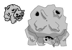 2026 alien anus digital_media_(artwork) elemental_creature felid feline female feral grey_body hi_res holes_in_body looking_through looking_through_legs looking_through_legs_at_viewer mammal mewgenics microsoft_paint_(artwork) mineral_fauna nipples open_mouth open_smile quadruped raised_tail rear_view reference_image rock rock_creature simple_background smile smiling_at_viewer solo tail teats white_background x_anus zaratana zaratana_(mewgenics) zelyonka
