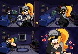 ! 1boy 1boy1girl 1girls anti_groove ass_focus big_ass black_eyes blonde_female blonde_hair blush bra comic comic_page couch couple five_nights_at_freddy's five_nights_at_freddy's:_security_breach five_nights_at_frickbears five_nights_at_frickbears_3 freckles freckles_on_ass freckles_on_face freckles_on_shoulders fredbear_plush half_lidded_eyes hand_on_face hat heart hug hugging living_room mask plushie ponytail portrait_(object) ready_to_fuck removing_panties security_guard shy_guy straight tired tired_look tv vanessa_(fnaf) vanessa_shelley_(frickbears) wholesome window