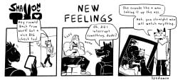 3boys anal_sex anthro anthro_on_anthro bulge bulge_through_clothing canine caught cellphone clothed clothing comic dialogue english_text erect_nipples erection_under_clothes fur furry furry_only gay male male/male male_only muscular_male penetration roommate sex spedumon surprised surprised_expression teasing text