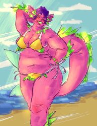 suzzsocks oc original_character beach bikini pink_skin sun_hat hat tail fish_tail belly belly_button fat_belly fat fat_female chubby chubby_female thick thick_thighs fat_arms pubic_hair_peek pubic_stubble cleavage huge_breasts large_breasts big_breasts breasts happy happy_trail happy_female smile smiling purple_hair fat_rolls cellulite feeling_good