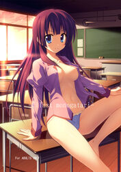 1girls arm_support bakemonogatari barefoot blackboard blue_eyes blush breasts classroom desk english_text female highres hinata_nao long_hair monogatari_(series) navel nipple_bulge no_bra open_clothes open_shirt panties purple_hair school_desk senjougahara_hitagi sitting smile solo text underwear