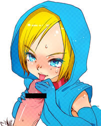 bare_shoulders bell bell_collar blonde_hair blue_eyes censored collar elbow_gloves fellatio gloves hood licking nbo open_mouth oral penis personification short_hair smile solo sweat tongue tongue_out