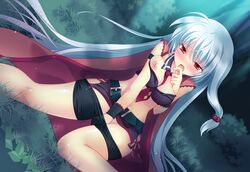 blush breasts cape futsuno_fantasy game_cg gray_hair ichiyou_moka long_hair masturbation nipples red_eyes