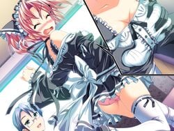 blush bra breast_grab breasts closed_eyes groping henshin_3 maid panties pink_hair public remote_transfer thighhighs underwear