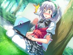 blush censored clothed_female_nude_male computer erection grey_hair headphones henshin_3 laptop mosaic_censoring penis remote_transfer shocked surprised what white_hair