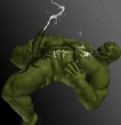 3d abs balls bartol cum cum_on_chest cum_on_stomach cumshot green_skin hairy male male_only masturbation muscles orc orc_male orgasm pecs penis solo solo_male tattoo