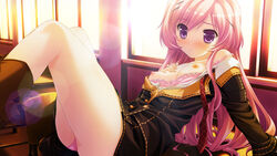 blush boots bra bra_pull breasts chair classroom desk female game_cg hair_ornament hairclip highres legs lens_flare lingerie long_hair lying makita_maki mukougaoka_kana nipples on_back panties pantyshot pink_bra pink_hair pink_panties purple_eyes school_uniform shinigami_no_testament solo strap_slip thighs underwear window