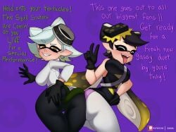 2girls about_to_fart ass_to_ass big_ass big_butt black_gloves black_hair black_leggings bottom_heavy breasts bubble_butt callie_(alterna) callie_(splatoon) cartoony cephalopod cephalopod_humanoid closed_eyes clothing cousins curvaceous curvy english_text entacle_hair fangs female female_only gloves grabbing_own_ass green_panties humanoid inkling leggings looking_at_viewer looking_back looking_back_at_viewer marie_(alterna) marie_(splatoon) multicolored_hair nintendo open_mouth panties peace_sign pink_panties pointy_ears purple_background smile splatoon splatoon_(series) squid squid_sisters text thick_thighs tongue tongue_out unusual_pupils white_hair white_leggings yellow_eyes yellow_hair zaina_art99