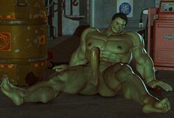 1boy 3d abs ass biceps big color erection front_view green_skin hulk indoors male male_only marvel muscles nipples nude penis sitting solo thick veins yolco