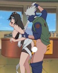 1boy1girl arm_grab bandages breasts breasts_out censored censored_penis clothed_sex fishnets hatake_kakashi headband hokage_office indoors kunoichi kurenai_yuhi long_hair makeup male/female mask masked_male moaning naruto naruto_(series) naruto_shippuden ninja no_bra no_panties open_clothes open_mouth pants partially_clothed red_eyes ripped_bodysuit ripped_clothing sideboob silver_hair smutwarg spiky_hair standing standing_sex straight undressing undressing_partner vest yuuhi_kurenai