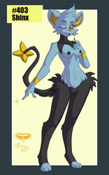 2012 anthro breasts collaboration digitigrade feline female fur furry looking_at_viewer mingchee navel nipples notorious84 pinup plain_background pokémon_(species) pokemon pokemorph pussy shinx smile solo standing the_pokedex_project tongue tongue_out wink yellow_eyes