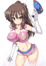 bare_shoulders breasts brown_eyes brown_hair cleavage crop_top elbow_gloves female female_only gloves hair_ribbon holding human impossible_clothes impossible_shirt kyonko large_breasts long_hair midriff nagase_haruhito navel open_mouth parted_lips ponytail ray_gun ribbon rule_63 short_shorts shorts simple_background sleeveless sleeveless_shirt solo sos_galactic_patrol suzumiya_haruhi_no_yuuutsu tied_hair weapon white_background white_gloves