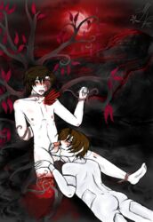 amputation ass axis_powers_hetalia blood blood_puddle blood_stain blush brown_eyes brown_hair color cum dismemberment eye_penetration eye_socket_penetration eyes feliciano_vargas fellatio gore green_eyes guro hair handjob incest injury italy_(hetalia) lovino_vargas male male_only multiple_males nudity on_front open_eyes oral outdoors puddle romano_(hetalia) short_hair skin skull_fucking tear tentacle tree white_skin wound yaoi