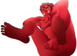 afro akaoni anus fangs flaccid hi_res horns male male_only nude pantsu_wa_boxer_ha penis pretty_cure red_oni red_skin simple_background smile_precure solo squatting white_background