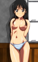 arms_behind_back black_eyes black_hair blush breasts female female_only gentoku highres holding_arm human human_only k-on! long_hair looking_at_viewer mio_akiyama_(k-on!) navel panties pussy_juice solo standing striped striped_panties thigh_gap topless underwear underwear_only wet_panties