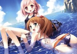 2girls ass bare_shoulders bikini blue_sky blush bow braid brown_hair butt_crack cloud collarbone flat_chest green_eyes hair_bobbles hair_ornament high_resolution innertube kantoku looking_at_viewer looking_back minagawa_yuuhi multiple_girls one-piece_swimsuit open_mouth partially_submerged pink_eyes pink_hair plaid ponytail print_swimsuit school_swimsuit sky smile swimsuit tied_hair water your_diary yua_(your_diary)