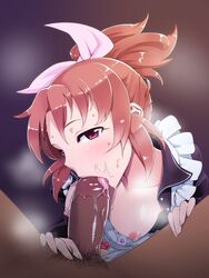 abe_nana bow breasts brown_hair dark-skinned_male dark_skin fellatio hairbow idolmaster idolmaster_cinderella_girls interracial licking male nipples oral penis ponytail red_eyes red_hair sweat tied_hair tkhs tongue uncensored