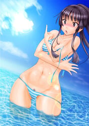 alternate_hairstyle bikini black_eyes black_hair blush bra female female_only hime_cut human human_only jeibii k-on! long_hair mio_akiyama_(k-on!) ocean ponytail pubic_hair shy sky solo striped striped_bikini striped_bra striped_panties striped_swimsuit swimsuit tanline tied_hair underwear