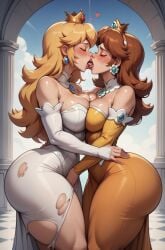 ai_generated blonde_hair blush brown_hair female heart joetest kissing lesbian_kiss making_out mario_(series) oiled_skin palace princess_daisy princess_peach sweat wedding_dress yuri yuri