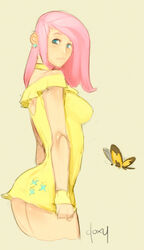 butterfly cutie_mark doxy dress_tug earrings fluttershy_(mlp) friendship_is_magic hair humanized looking_at_viewer microdress my_little_pony pink_hair simple_background smooth_skin tagme