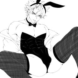 1boy bulge bulge_through_clothing bunny_boy bunny_ears bunnybunny_boy bunnysuit gay genshin_impact looking_at_viewer plaid plaid_clothing solo_male spread_legs tagme thigh_highs thighhighs thighs tongue tongue_out wriothesley_(genshin_impact) yaoi