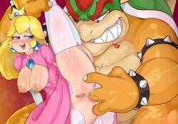 anal anal_fingering anthro anus areola ass blonde_hair blush bowser breasts clothed clothing crown dress duo female fingering fingering_partner flexible genitals hair headgear hi_res human human_on_anthro interspecies koopa larger_male legwear male male/female mammal mario_(series) mdthetest nintendo nipples no_underwear one_leg_up orange_body princess_peach pussy raised_leg scalie sex size_difference splits spread_legs spreading standing thigh_highs vertical_splits