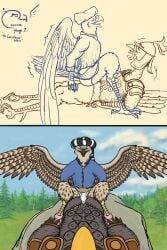 2024 2:3 4_toes anal anisodactyl anthro anthro_on_anthro anthro_penetrated anthro_penetrating anthro_penetrating_anthro armor avian beak belt bird briefs bronze_(metal) brown_body brown_feathers chainmail chastity_bulge chastity_cage chastity_device clothing cloud coat dewlap_(anatomy) digital_media_(artwork) duo falcon falconid feathered_wings feathers feet first_person_view galliform grey_body grey_feathers hands_on_ankles hands_on_legs hands_on_thighs headgear headwear helmet hi_res iron konarak_(tzair) male male/male metal mountain open_beak open_mouth outside outside_sex pauldron penetration peregrine_falcon phasianid pink_body pink_scales plant religious_clothing religious_headwear scales scuted_arms scuted_legs scutes sex shaking signature sky spread_wings spurs_(anatomy) tail tail_feathers tan_body tan_feathers toes topwear tree turban turkey tzair_(artist) tzair_(character) underwear wings yellow_body yellow_scales