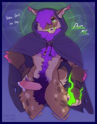 anthro balls blue_border bodily_fluids body_hair border brown_body brown_fur chest_hair dripping fangs felid feline fur genital_fluids genitals hair hairy_balls hand_on_hip hi_res humanoid_genitalia humanoid_penis lynx male mammal nipples open_mouth penis precum precum_drip pubes purple_background purple_body purple_fur purple_hair simple_background sinisterheaven solo teeth