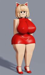 ai_generated bored female female female_only giant_breasts girlfriend_(cosplay) girlfriend_(friday_night_funkin)_(cosplay) pixai red_dress roblox sleeveless_dress