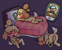 5:4 ^w^ accessory ambiguous_gender animal_crossing anthro anus aroused ass ass_up barely_visible_genitalia barely_visible_pussy bed bedding bell bent_ear beverage blanket blonde_hair blue_hair blush bodily_fluids bow_ribbon breast_squish breasts brown_clothing brown_jacket brown_topwear candy canid canine canis cellphone chocolate clothing coffee_cup container cup dark_room darkness dessert domestic_dog electronics eyewear facing_away_from_viewer female floppy_ears flower food frustrated fur furniture genitals glasses grey_clothing grey_shirt grey_topwear hair hair_accessory hair_bun hair_ribbon hairbow happy hi_res holding_breast hot_chocolate human in_heat isabelle_(animal_crossing) jacket jingle_bell kneeling lit_from_front looking_away lying lying_on_bed mammal marshmallow masturbation messy_hair multiple_poses nintendo nipples nude nude_anthro nude_female on_back on_bed on_front one_tooth open_mouth orange_nose pale_skin pawpads paws phone photo pillow pink_eyewear pink_glasses plaid plant pose pussy ribbons rubbing_pussy saucer_(dish) sexual_frustration shih_tzu shirt simple_background small_breasts solo solo_focus squish sweat table topwear toy_dog villager_(animal_crossing) wdkinc white_body white_skin yellow_body yellow_fur