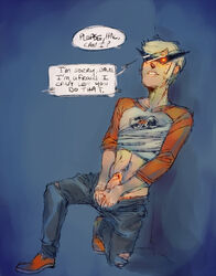 1boy begging blonde_hair blue_background clothing cum dave_strider dialogue edging english_text hal hal_strider hands_on_penis homestuck incest kneeling kneeling_male male male_only masturbation ms_paint_adventures penis precum short_hair solo solo_focus solo_male speech_bubble sunglasses text unseen_character unseen_male visible_penis white_skin