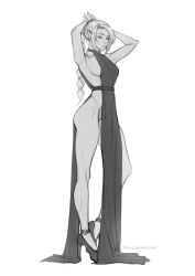 2d blonde_hair cleophee elf elf_ears elf_female female medium_breasts monochrome paulina_klime solo wakfu