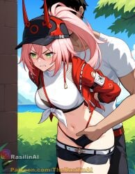 ai_generated angry arms_behind_back belt black_shorts breasts clothes_pull fingering fishnet fishnets forced green_eyes hands_behind_back honkai:_star_rail horned_headwear midriff navel panties pink_hair ponytail rape rappa_(honkai:_star_rail) rasilinai red_jacket short_shorts stable_diffusion tied_shirt white_shirt