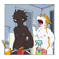 2024 abs anthro avian bathroom beak bird bulge clothed clothing corvid crow-kun dragon duo genitals hi_res jockstrap jockstrap_only looking_at_another male moesouna_gomi morning muscular muscular_anthro muscular_male mythological_creature mythological_scalie mythology nipples open_mouth orange_eyes oscine passerine pecs penis scalie snoring tatsuta_(moesouna_gomi) topless underwear underwear_only winged_arms wings