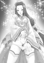 censored female hat kaguya_(musou_orochi) long_hair momoya_show-neko monochrome musou_orochi musou_orochi_2 panties panty_pull purple_eyes sleeves_past_wrists solo underwear