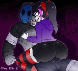 1boy 1girls ass blue_eyes creepypasta eyeless_jack grey_skin hoodie mask nina_the_killer ponytail purple_hoodie soy_elsr_k straight thick_thighs white_skin