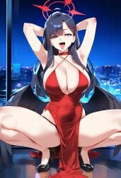 1girls ai_generated alternate_costume big_breasts black_hair blue_archive breasts dress female female_focus female_only grey_eyes huge_breasts ichika_(blue_archive) large_breasts squatting thick_thighs thighs wings