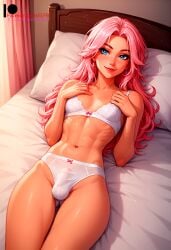 1boy ai_generated bed bedroom bikini blue_eyes bulge bulge_through_clothing earrings femboy flat_chest ilfb long_hair looking_at_viewer looking_up on_bed pink_hair trap