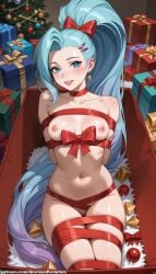 ai_generated blue_eyes blue_hair blue_hair_female bondage breasts christmas christmas_outfit christmas_present female gift gift_bow gift_box girl gloriousevolution34 k/da_all_out_seraphine k/da_all_out_series league_of_legends league_of_legends:_wild_rift naked nude nude_female riot_games seraphine_(league_of_legends) tied_up tied_up_female video_games