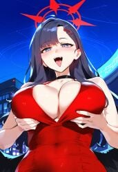 1girls ai_generated alternate_costume big_breasts black_hair blue_archive breasts dress female female_focus female_only grabbing_own_breast grey_eyes huge_breasts ichika_(blue_archive) large_breasts teasing thick_thighs thighs wings