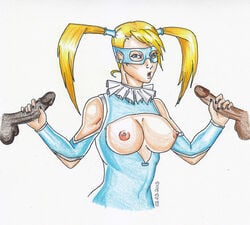 alleriawindrunner blonde_hair breasts capcom double_handjob female handjob human male nipples penis rainbow_mika sketch straight street_fighter