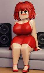 ai_generated bored female female_only giant_breasts girlfriend_(cosplay) girlfriend_(friday_night_funkin)_(cosplay) pixai red_dress roblox sleeveless_dress