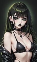 ai_generated black_hair black_lipstick choker ear_piercing glossy_lips goth goth_girl green_eyes hair_dye leather_bikini leather_jacket looking_at_viewer medium_breasts pale-skinned_female seductive seductive_eyes seductive_look