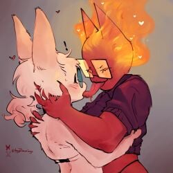 bunny_ears bunny_girl demon fire fluffy furry glasses horns imp jin_(tzuvdrawings) kissing long_tongue meaty_(rotten_meaty) rabbit rabbit_girl tzuvdrawings